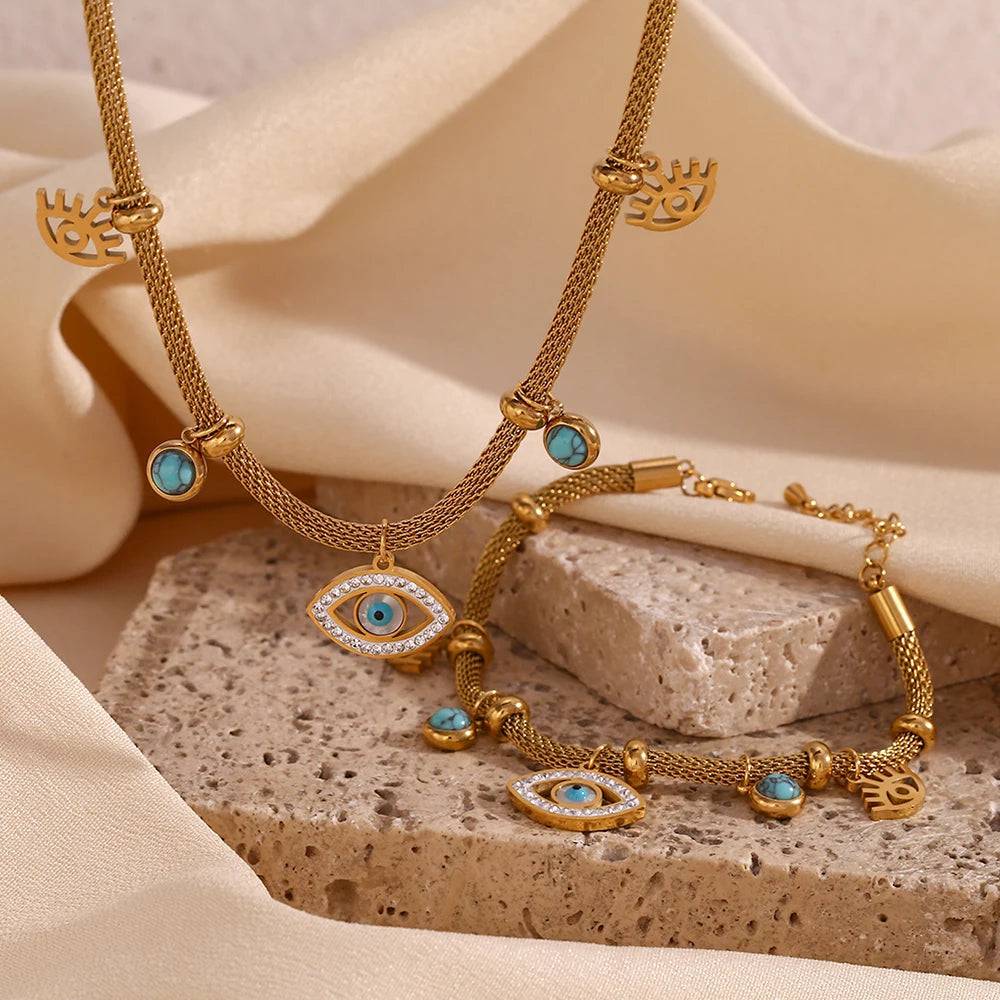 E.B.belle Septum Bead Turquoise Eye Necklace for Women Bracelet Tarnish Free 316L Stainless Steel 18K Gold Plated Jewelry Set - Tarot Treasures