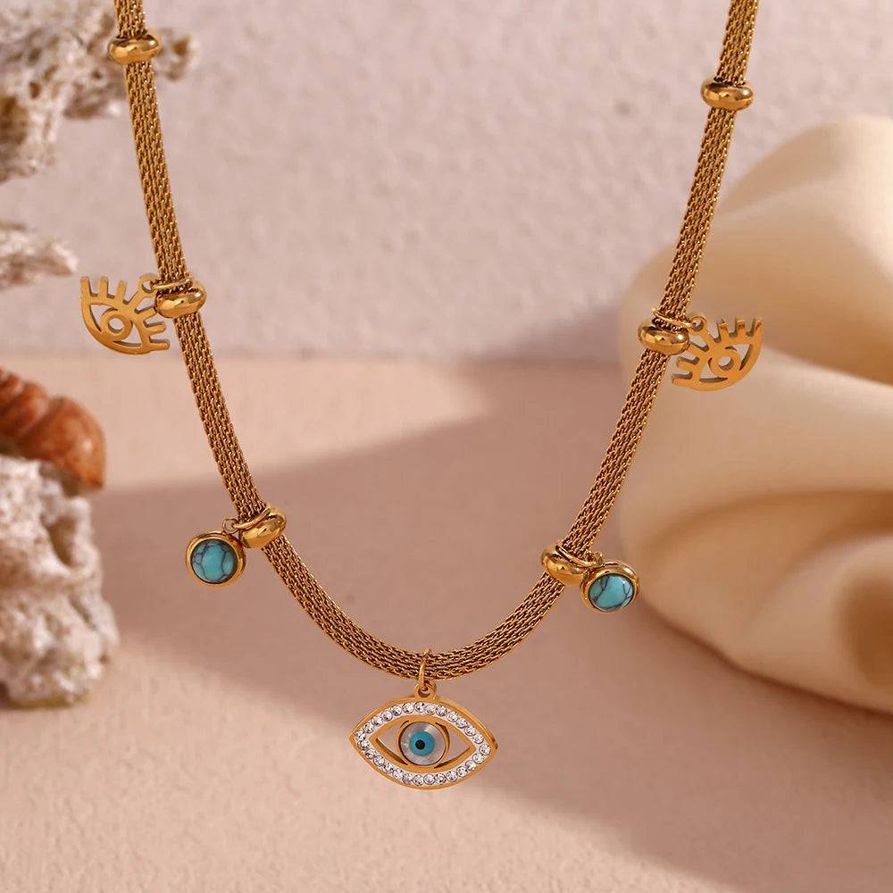 E.B.belle Septum Bead Turquoise Eye Necklace for Women Bracelet Tarnish Free 316L Stainless Steel 18K Gold Plated Jewelry Set - Tarot Treasures