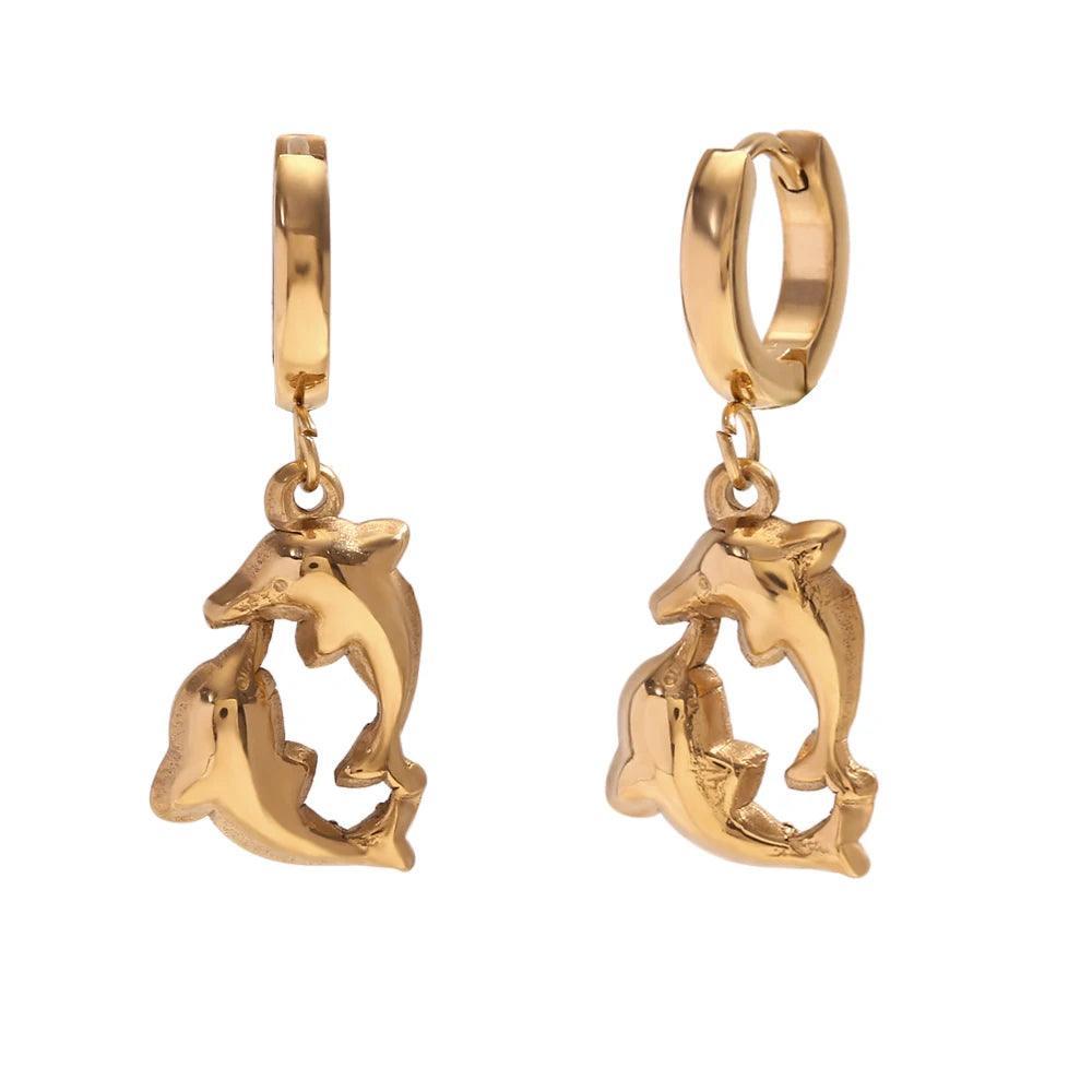 E.B.belle Summer Ocean Series Dolphin Fish Scallop Earrings 316L Stainless Steel Gift 18K Gold Plated Jewelry - Tarot Treasures