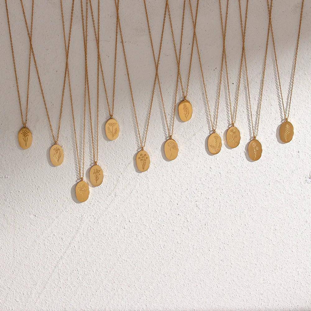 Gold Plated Birth Month Flower Stainless Steel Tarnish Free Pendant Necklace - Tarot Treasures