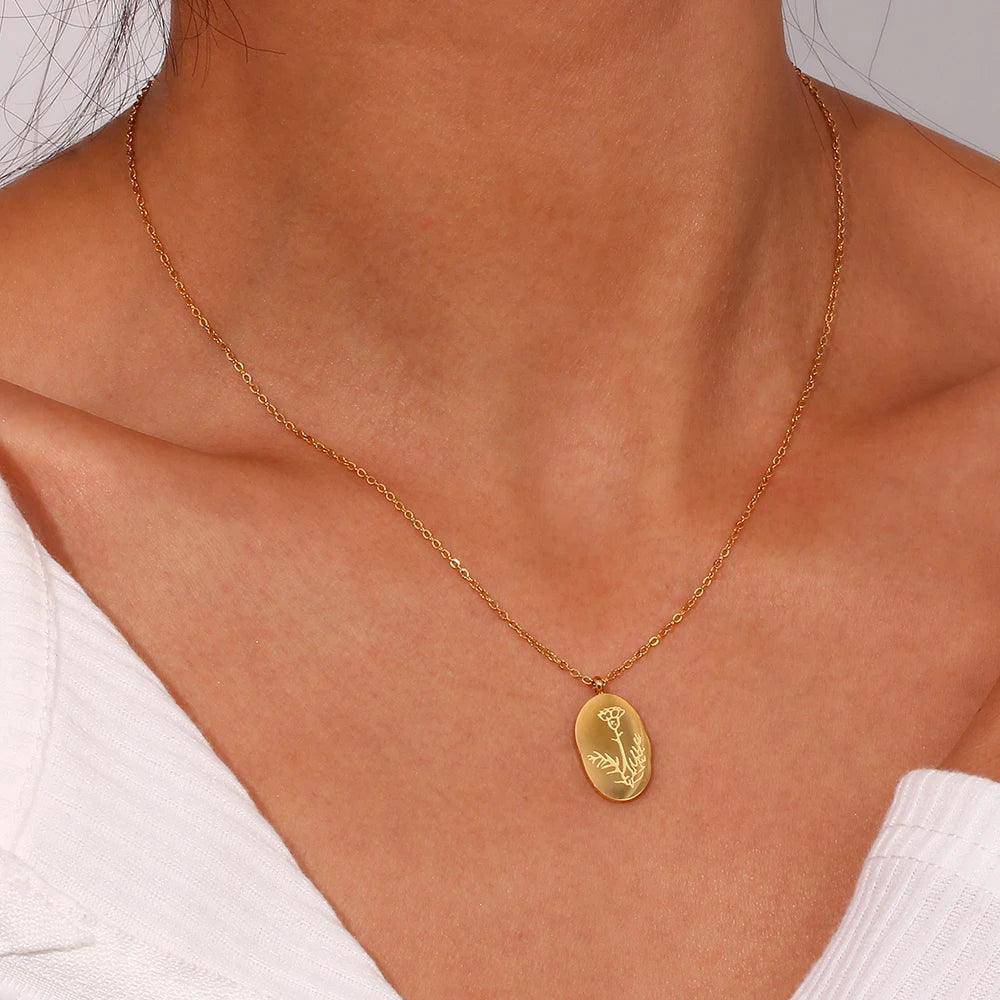 Gold Plated Birth Month Flower Stainless Steel Tarnish Free Pendant Necklace - Tarot Treasures