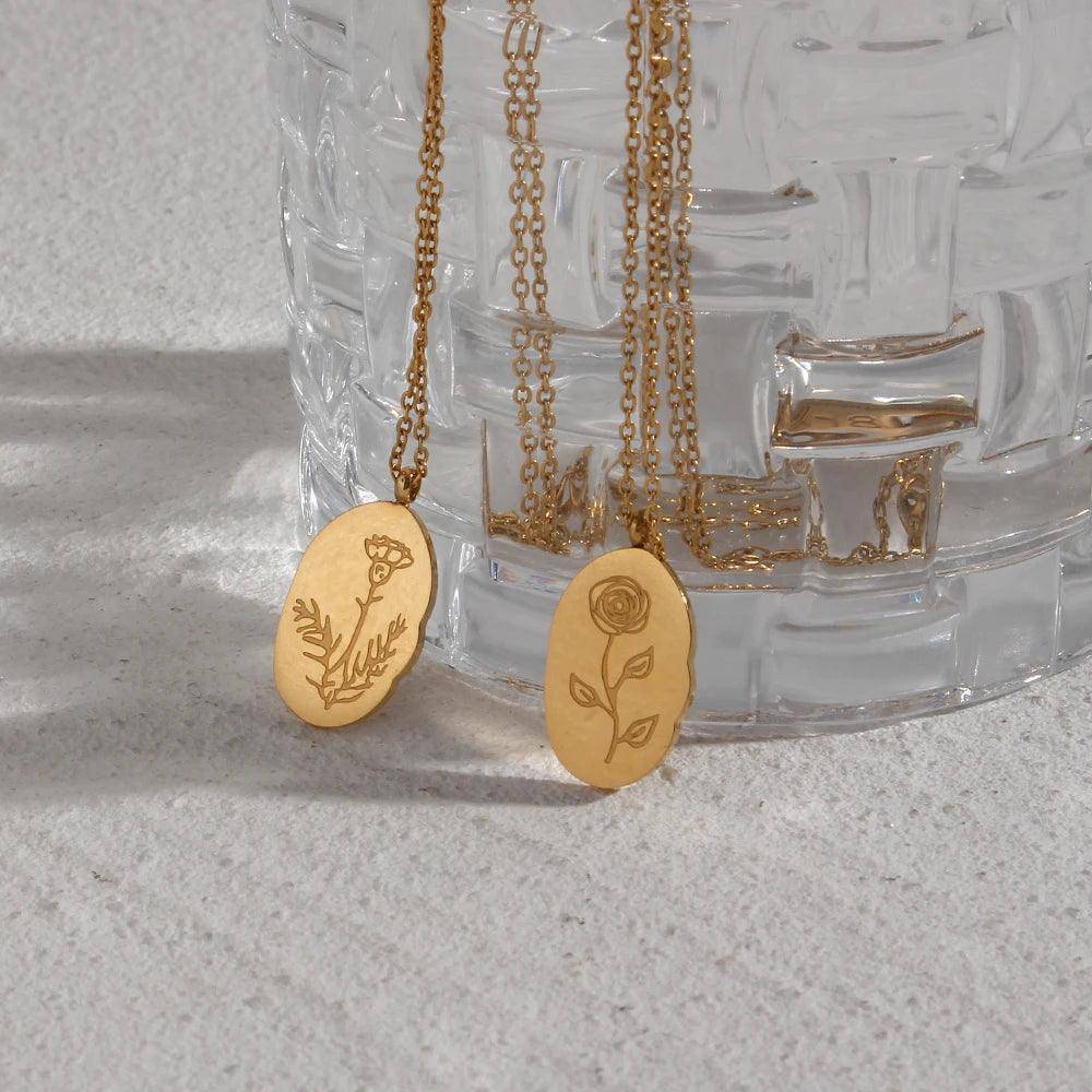 Gold Plated Birth Month Flower Stainless Steel Tarnish Free Pendant Necklace - Tarot Treasures