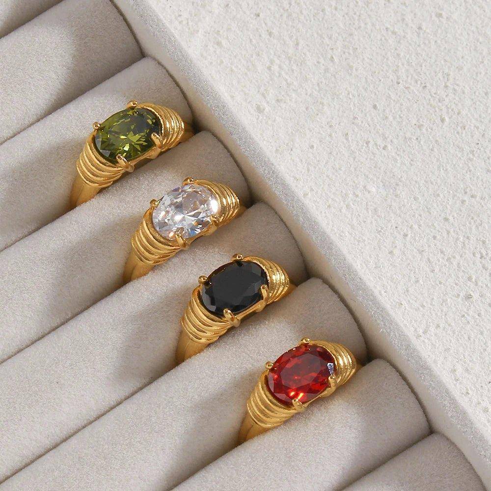 18K Gold Plated Zircon Oval Cut Stone Stainless Steel Tarnish Free Ring - Tarot Treasures