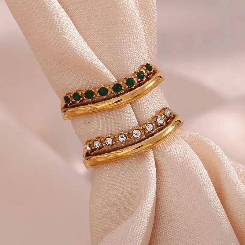 Green and Clear Rhinestone Stainless Steel Tarnish Free Rings - Tarot Treasures