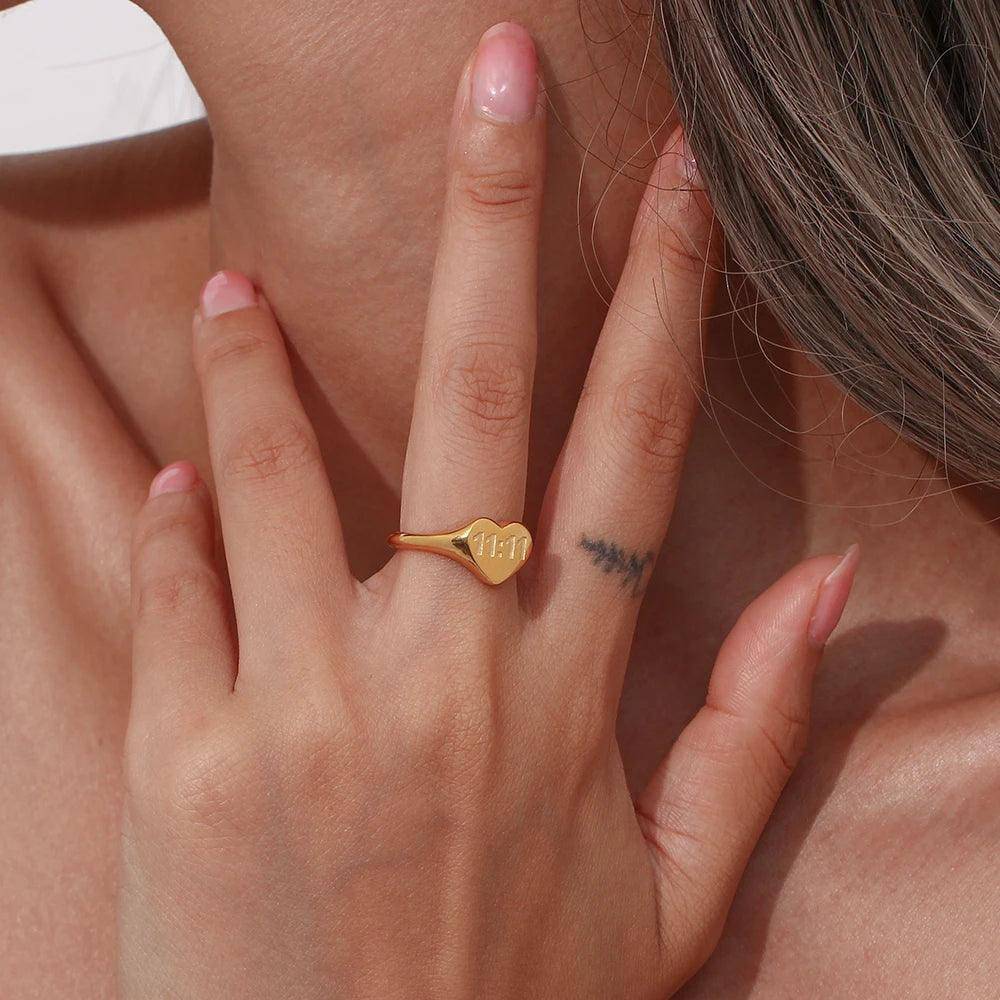 Heart Shape 11:11 Angel Number Stainless Steel Tarnish Free Ring - Tarot Treasures