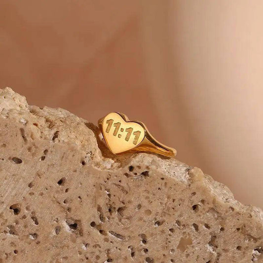 Heart Shape 11:11 Angel Number Stainless Steel Tarnish Free Ring - Tarot Treasures