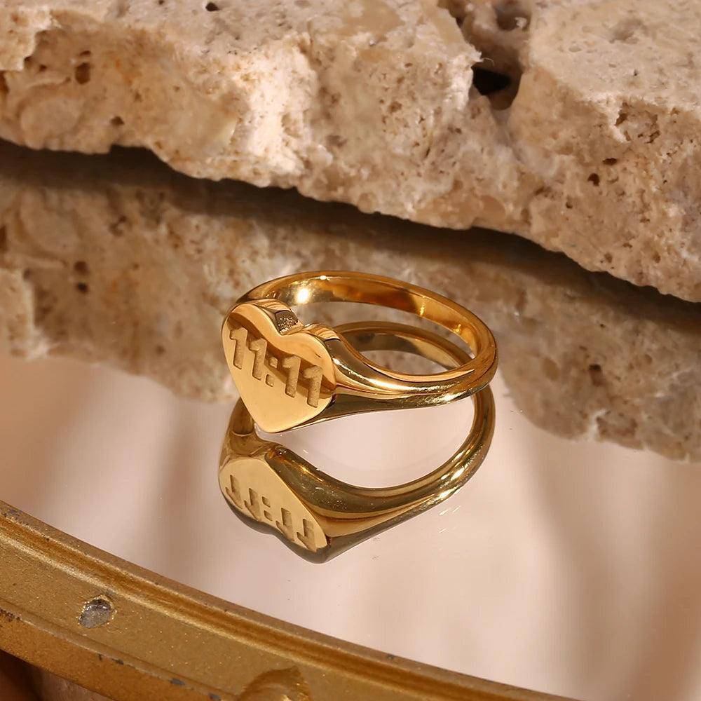 Heart Shape 11:11 Angel Number Stainless Steel Tarnish Free Ring - Tarot Treasures