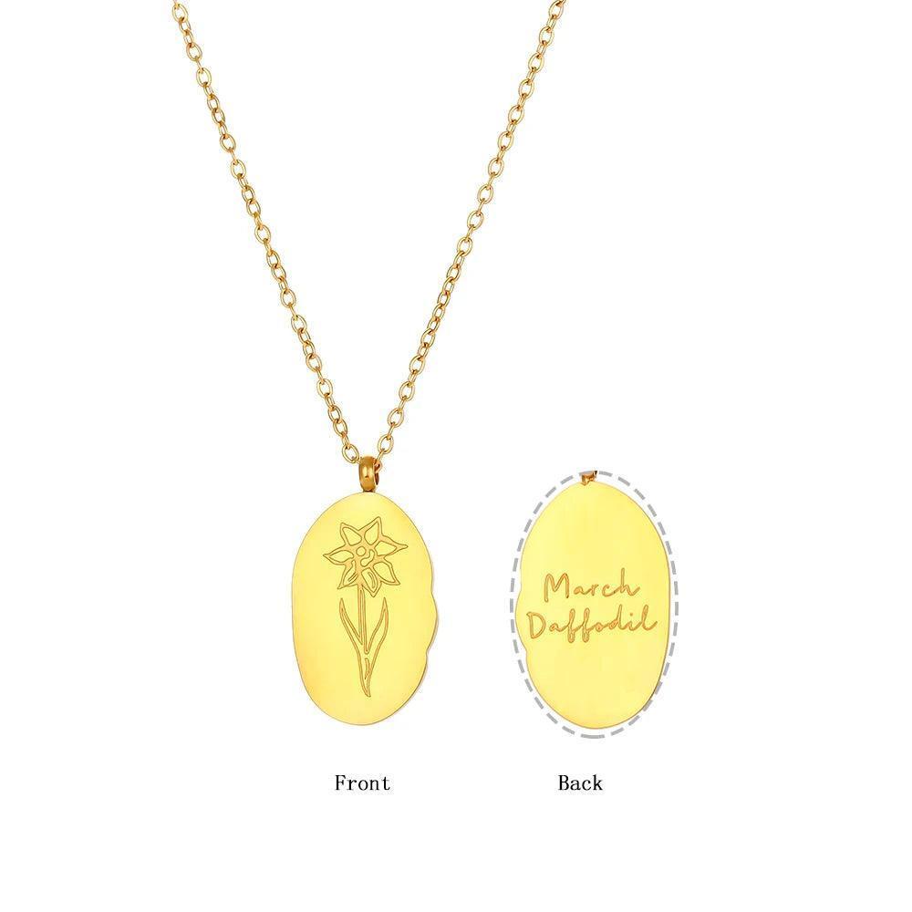 Gold Plated Birth Month Flower Stainless Steel Tarnish Free Pendant Necklace - Tarot Treasures