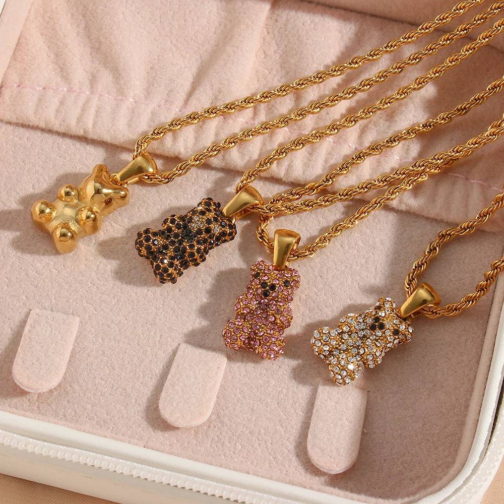 New Pink Black Clear Zircon Bear Pendant Necklaces - Tarot Treasures