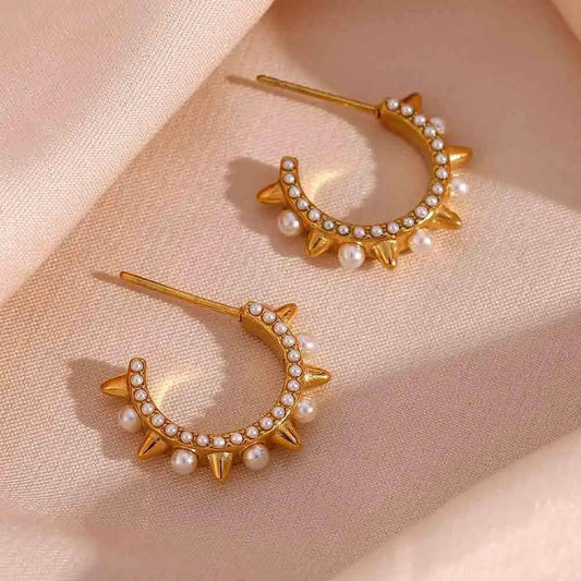 Pearl Spiked Stainless Steel Tarnish Free Hoop Earrings - Tarot Treasures