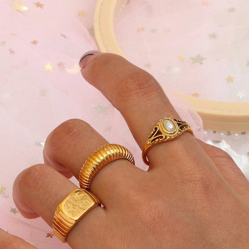 18K Gold Plated Faux Pearl Stainless Steel Tarnish Free Ring - Tarot Treasures