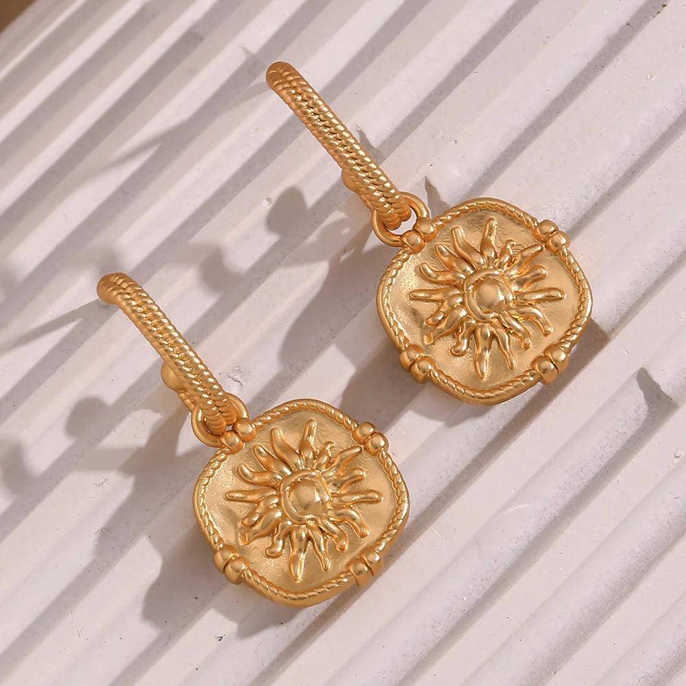 Square Sun Pendant Stainless Steel Tarnish Free Hoop Earrings - Tarot Treasures