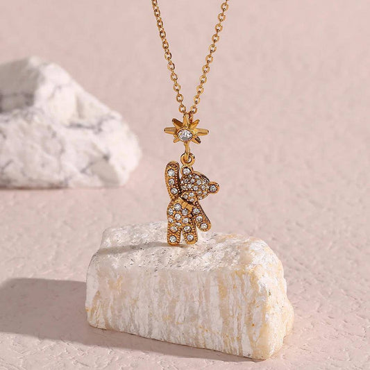 Teddy Bear Rhinestone Stainless Steel Tarnish Free Pendant Necklace - Tarot Treasures