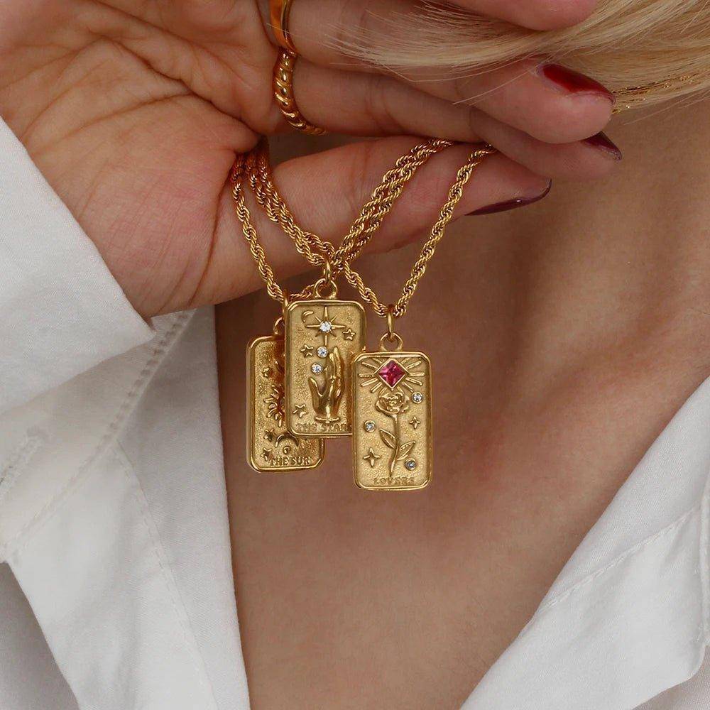 The Stars - 18K Gold Plated Tarot Card Pendant Necklace - Tarot Treasures