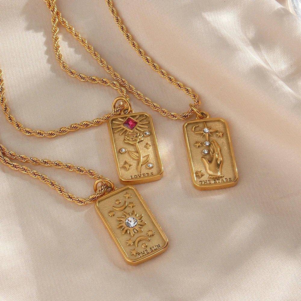 The Stars - 18K Gold Plated Tarot Card Pendant Necklace - Tarot Treasures