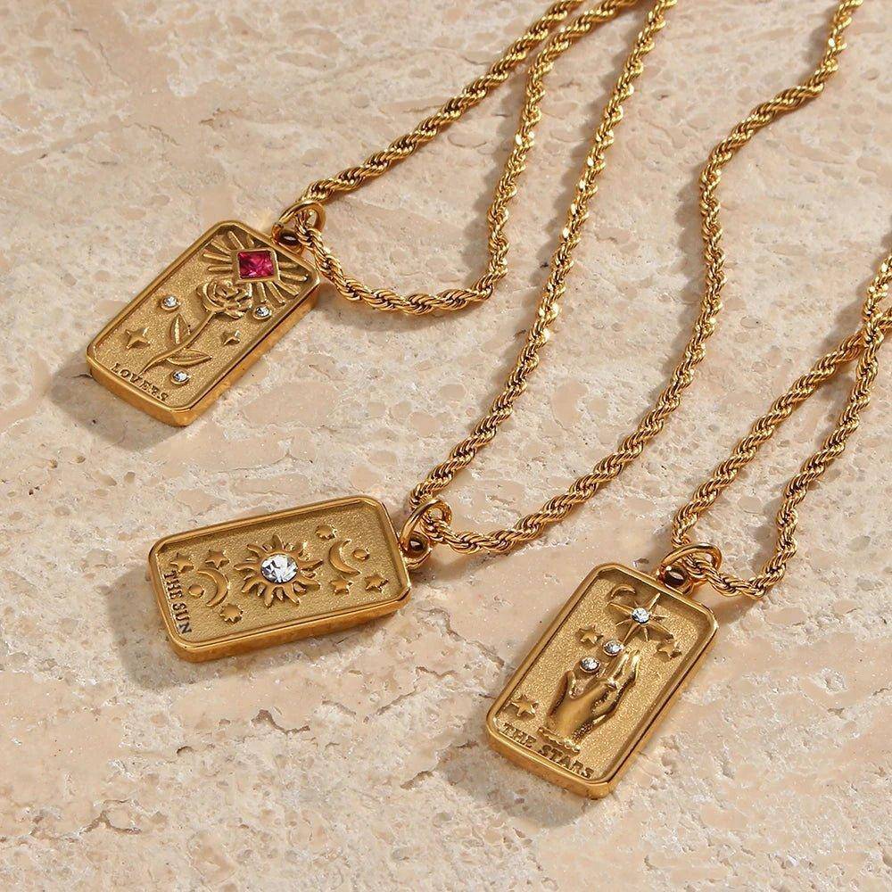 The Stars - 18K Gold Plated Tarot Card Pendant Necklace - Tarot Treasures