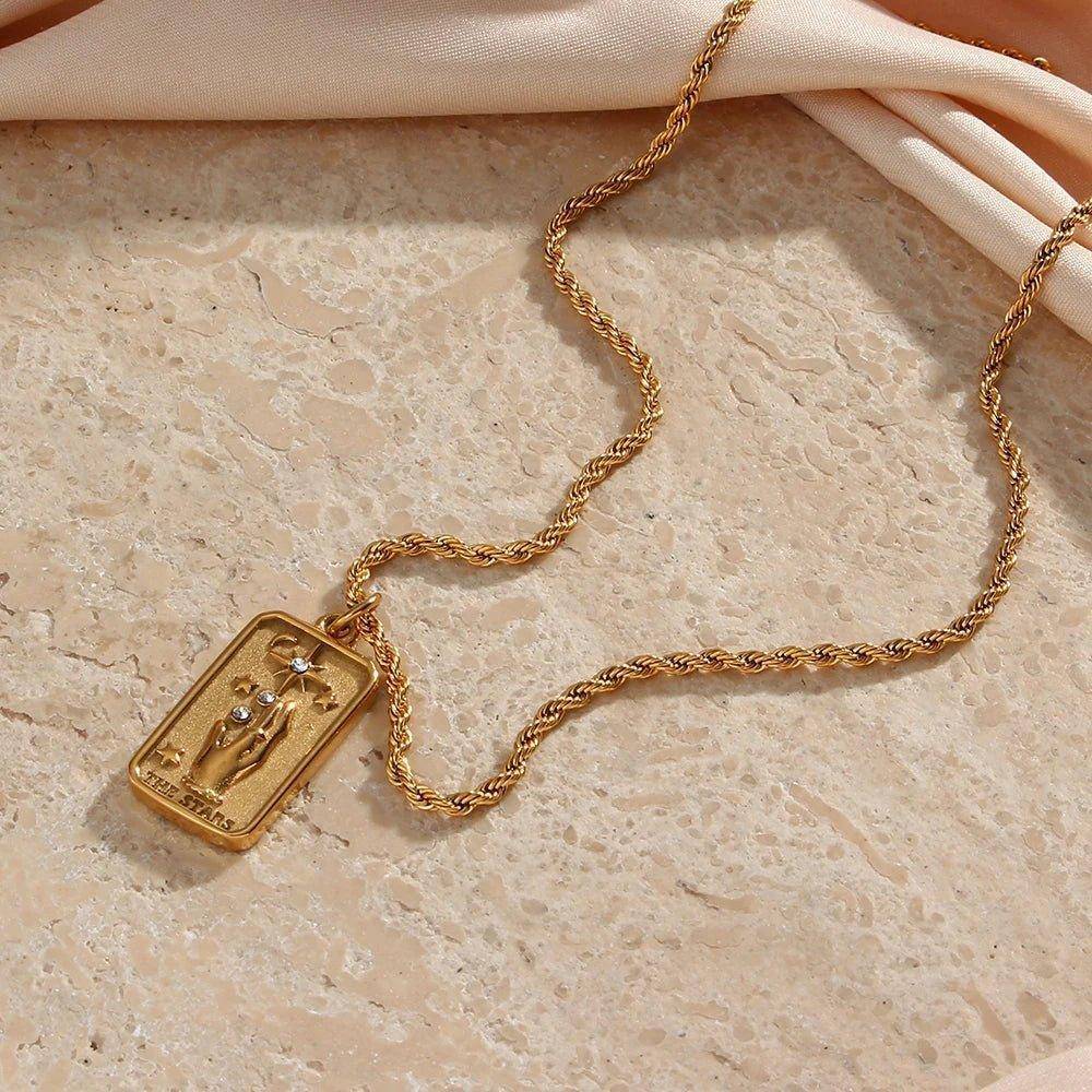 The Stars - 18K Gold Plated Tarot Card Pendant Necklace - Tarot Treasures