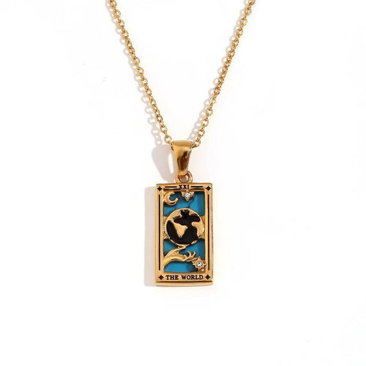 The World - 18K Gold Plated Tarot Card Pendant Necklace - Tarot Treasures