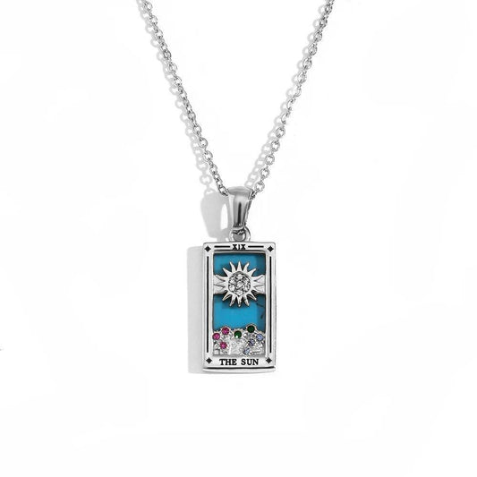 The Sun Tarot Card Necklace | Silver Pendant with Blue Enamel & Zirconia - Tarot Treasures