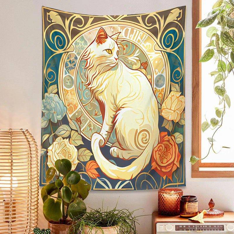 Psychedelic Black Cat Flower Tapestries One Size 95x73CM - Tarot Treasures