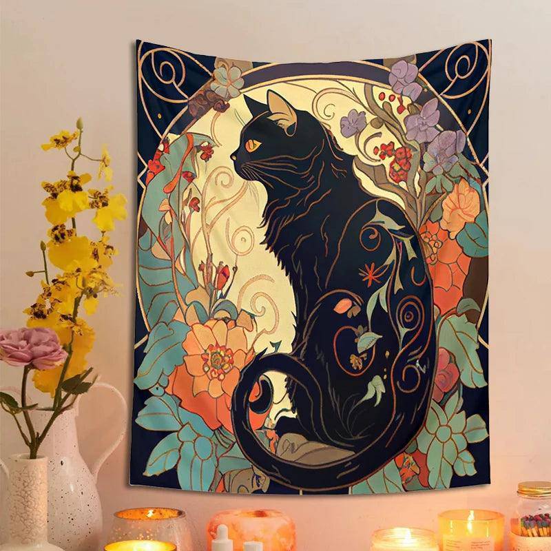 Psychedelic Black Cat Flower Tapestries One Size 95x73CM - Tarot Treasures