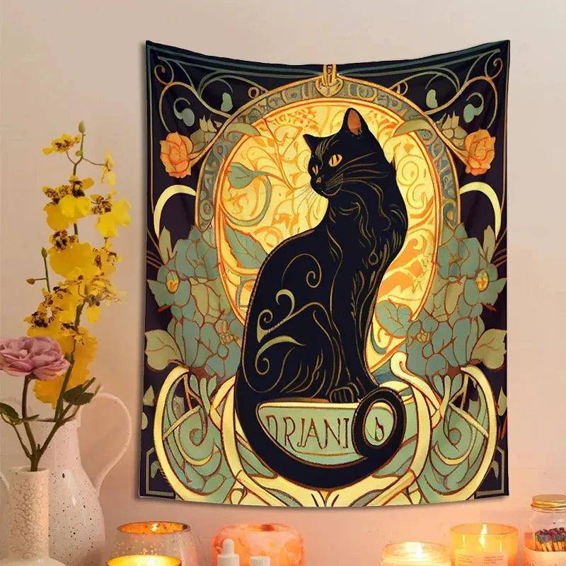 Psychedelic Black Cat Flower Tapestries One Size 95x73CM - Tarot Treasures