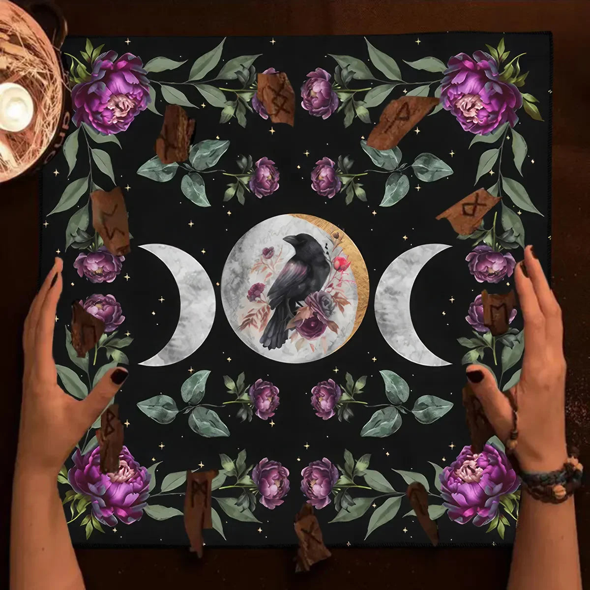 Triple Moon Raven Altar and Tarot Card Reading Divination Cloth - Tarot Treasures