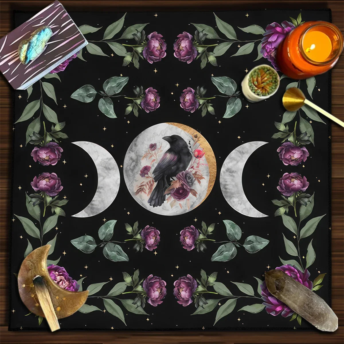 Triple Moon Raven Altar and Tarot Card Reading Divination Cloth - Tarot Treasures
